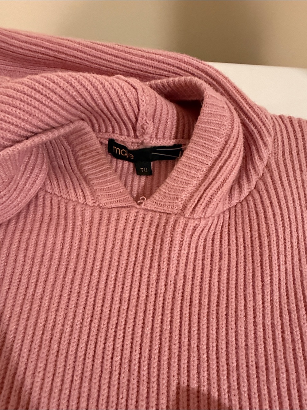 Maje Rose-Pink Ribbed Cowl-Neck Sweater
